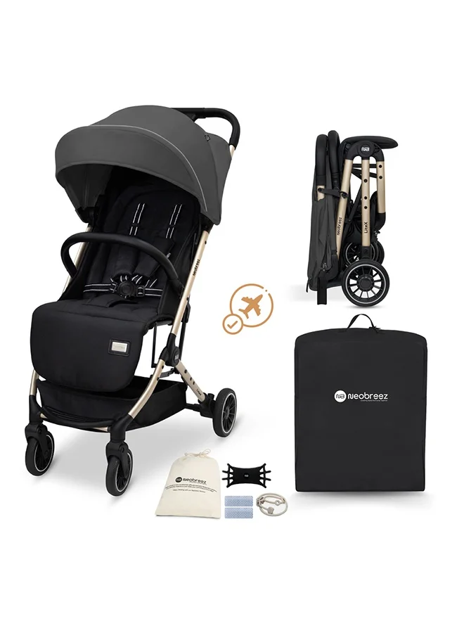 نيوبريز Neobreez LITEX Lightweight Cabin Size Travel Baby Toddler Stroller|Trolley Handle Pushchair,Waterproof UPF 50+Canopy,Gold Frame,0-3yrs,15kg,3yrs Warranty-Grey Black